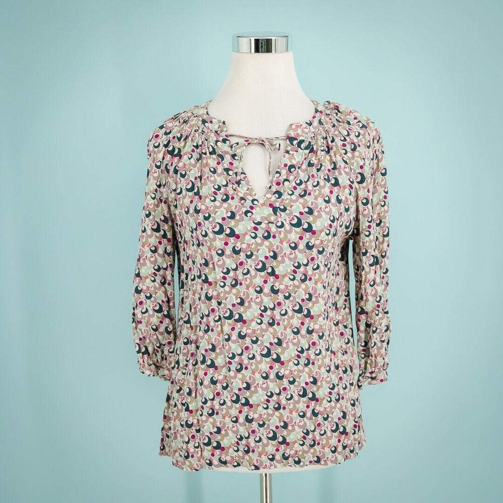 Boden Size 6 Circle Geometric Print Tie Keyhole Neck 3/4 Sleeve Viscose Top